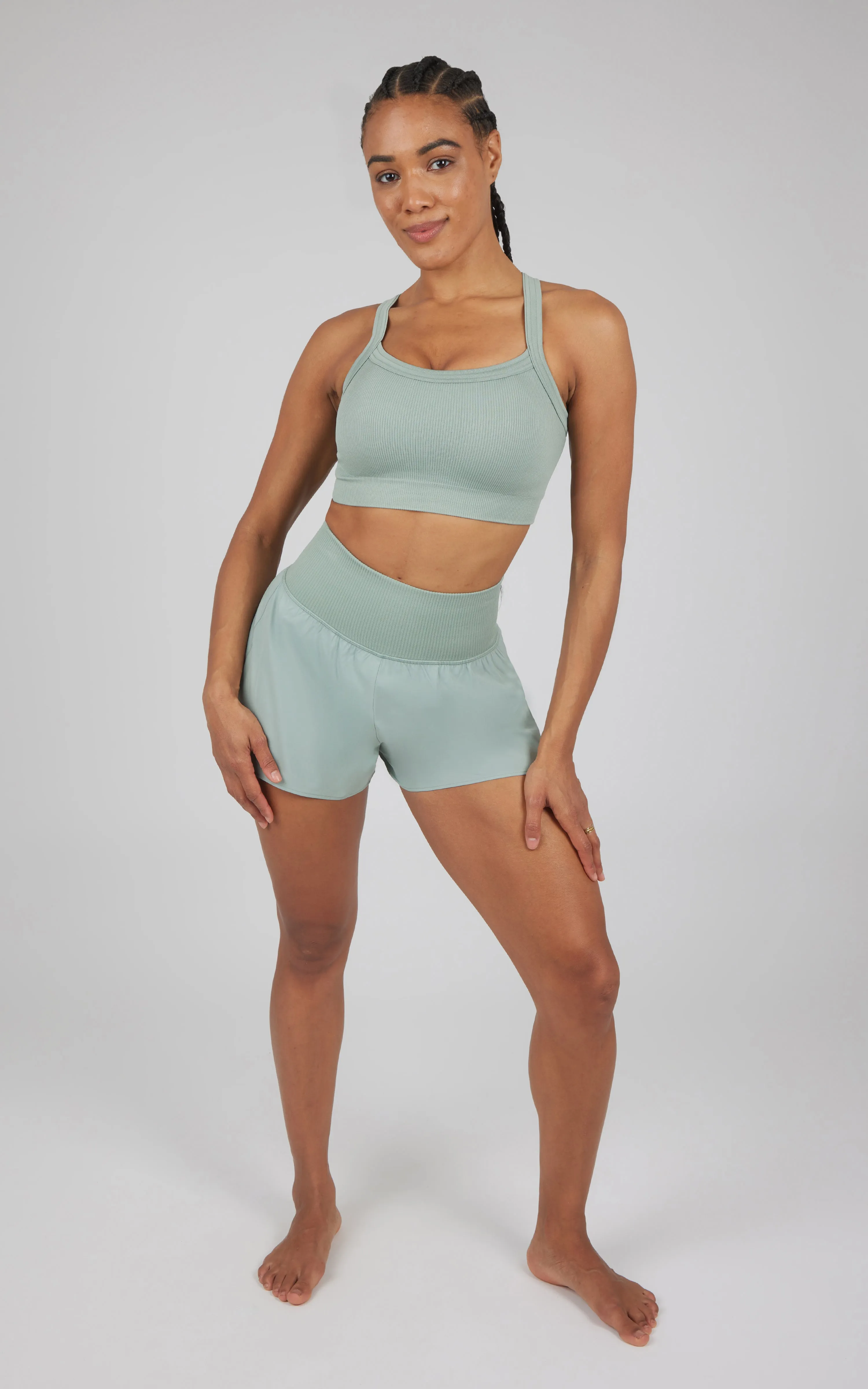 2 PC Ribbed Seamless Strappy Bra and Woven Short sold by 90 Degree By Reflex