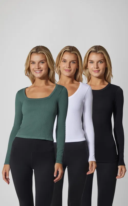 3 PK Ribbed Seamless Crew Neck, Scoop Neck and Sqaure Neck Long Sleeve Top sold by 90 Degree By Reflex