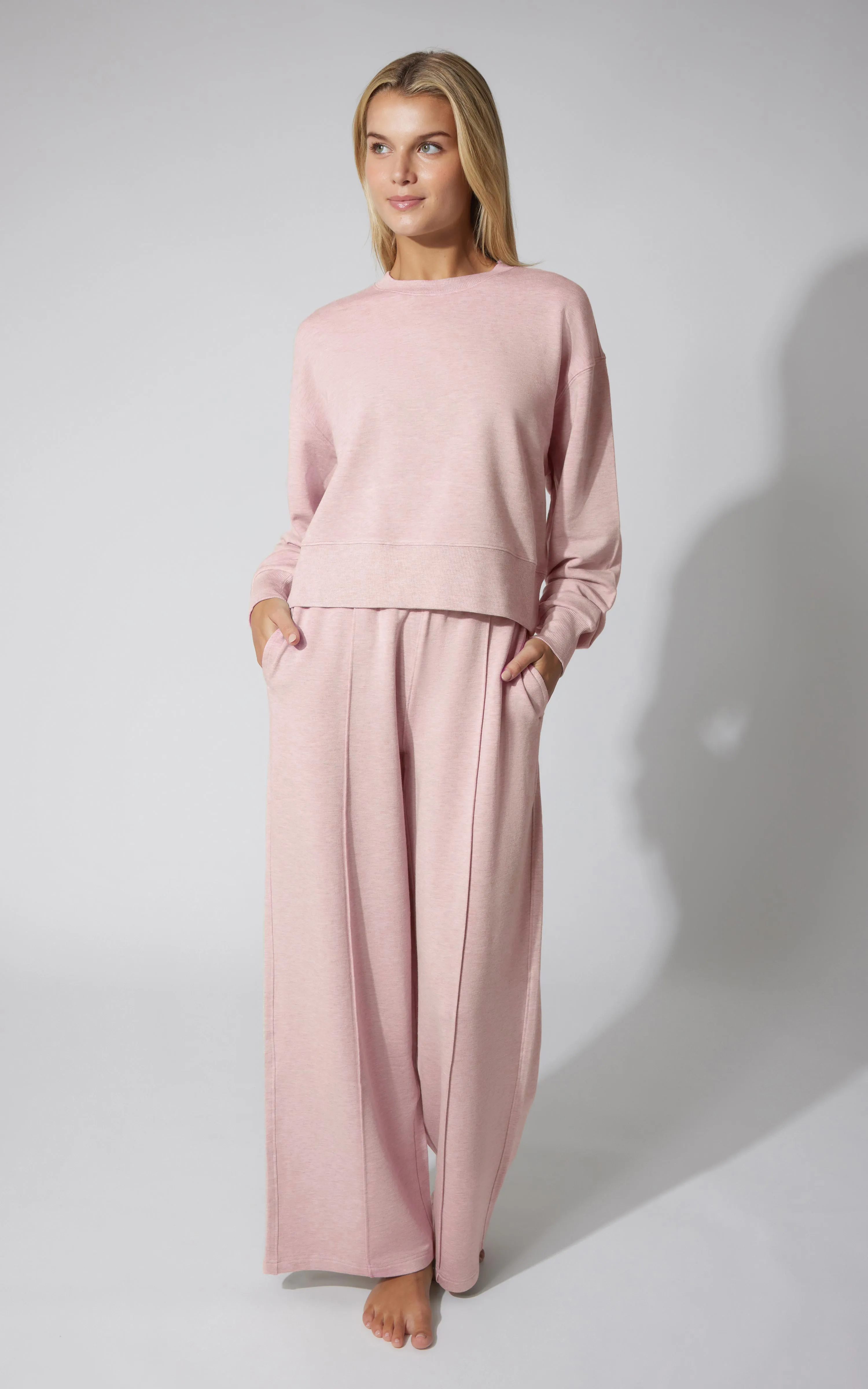 2 PC Terry Fleece Crew Pullover and Pintuck Wide Leg Pant - Our Petal Tone Story sold by 90 Degree By Reflex