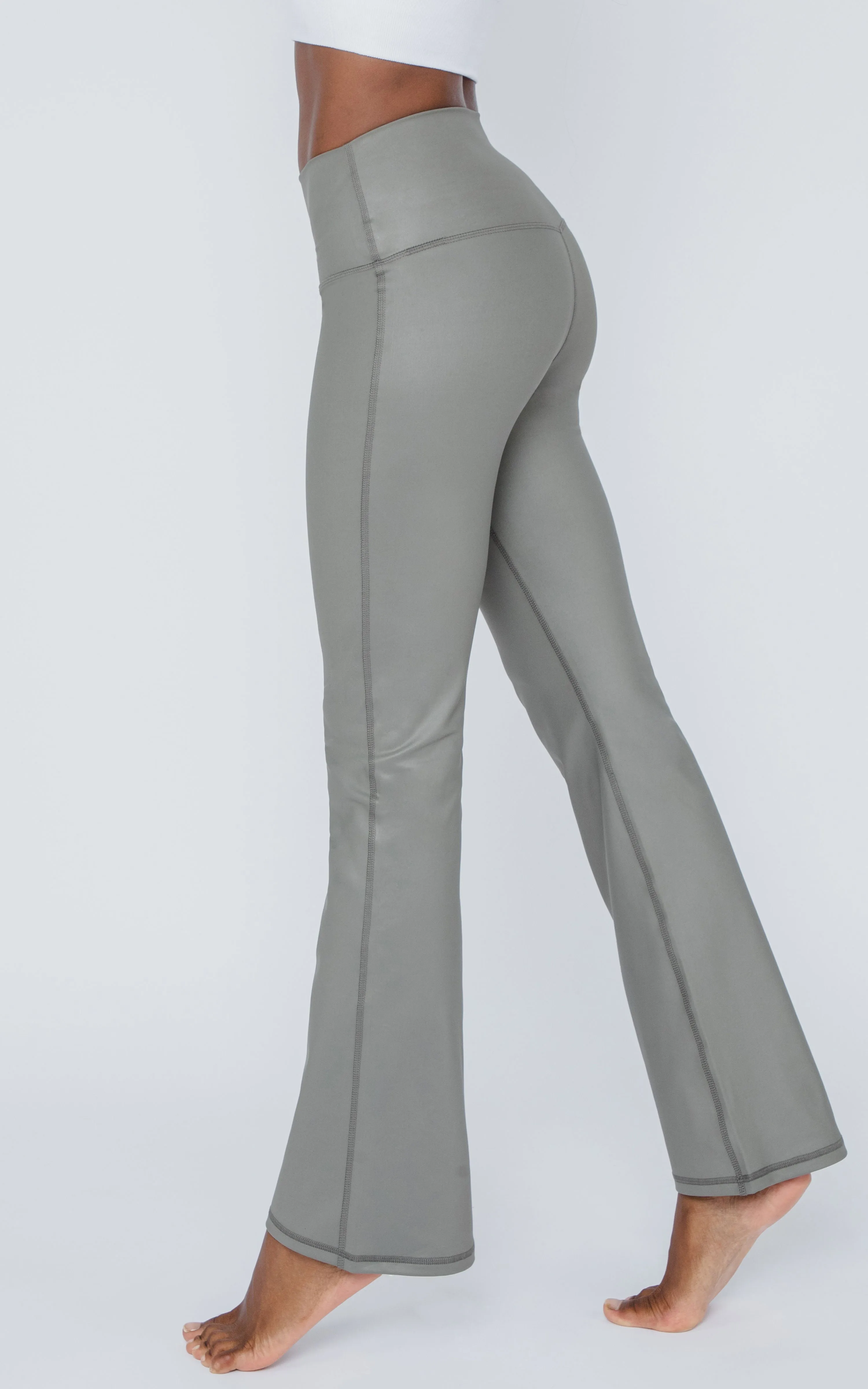 Interlink Faux Leather Elastic Free High Waist V-Back Cire Flare Leg Yoga Pant - Our Earthy Story sold by 90 Degree By Reflex product image thumbnail 2