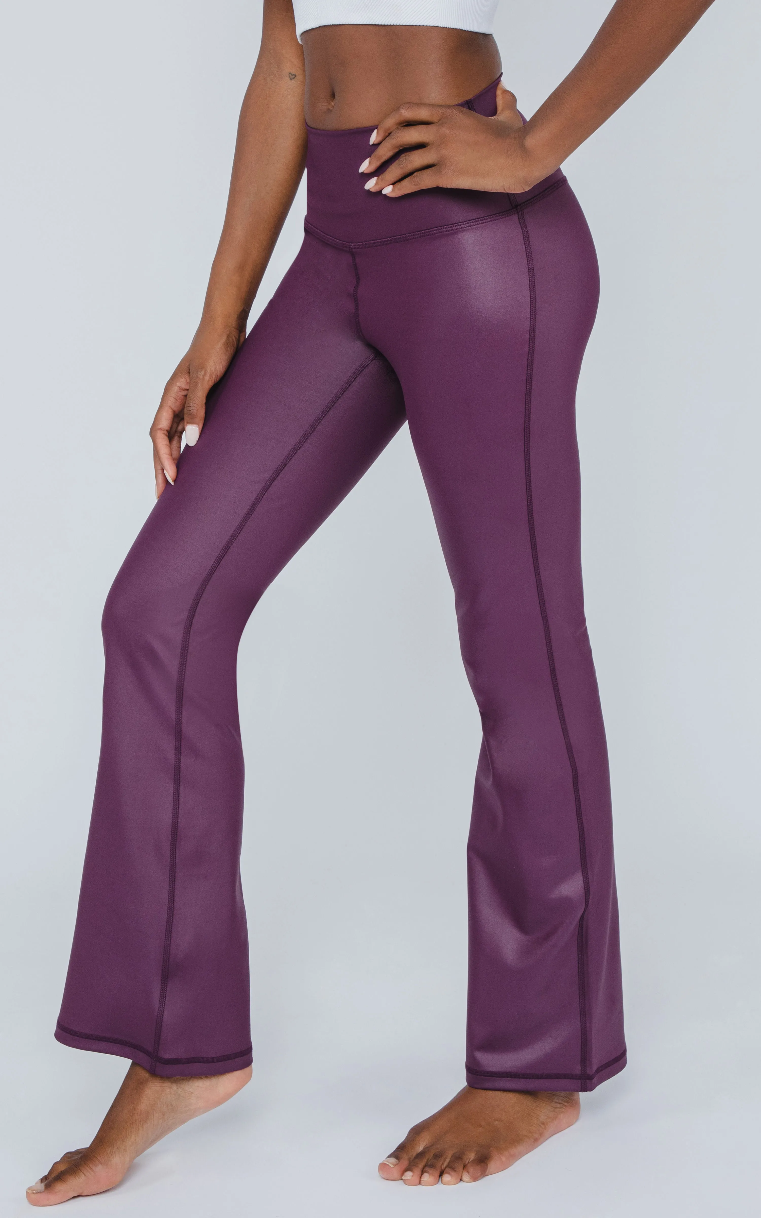 Interlink Faux Leather Elastic Free High Waist V-Back Cire Flare Leg Yoga Pant - Our Earthy Story sold by 90 Degree By Reflex product image thumbnail 4