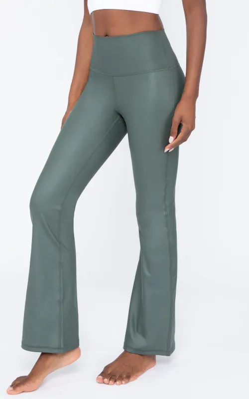 Interlink Faux Leather Elastic Free High Waist V-Back Cire Flare Leg Yoga Pant - Our Earthy Story sold by 90 Degree By Reflex