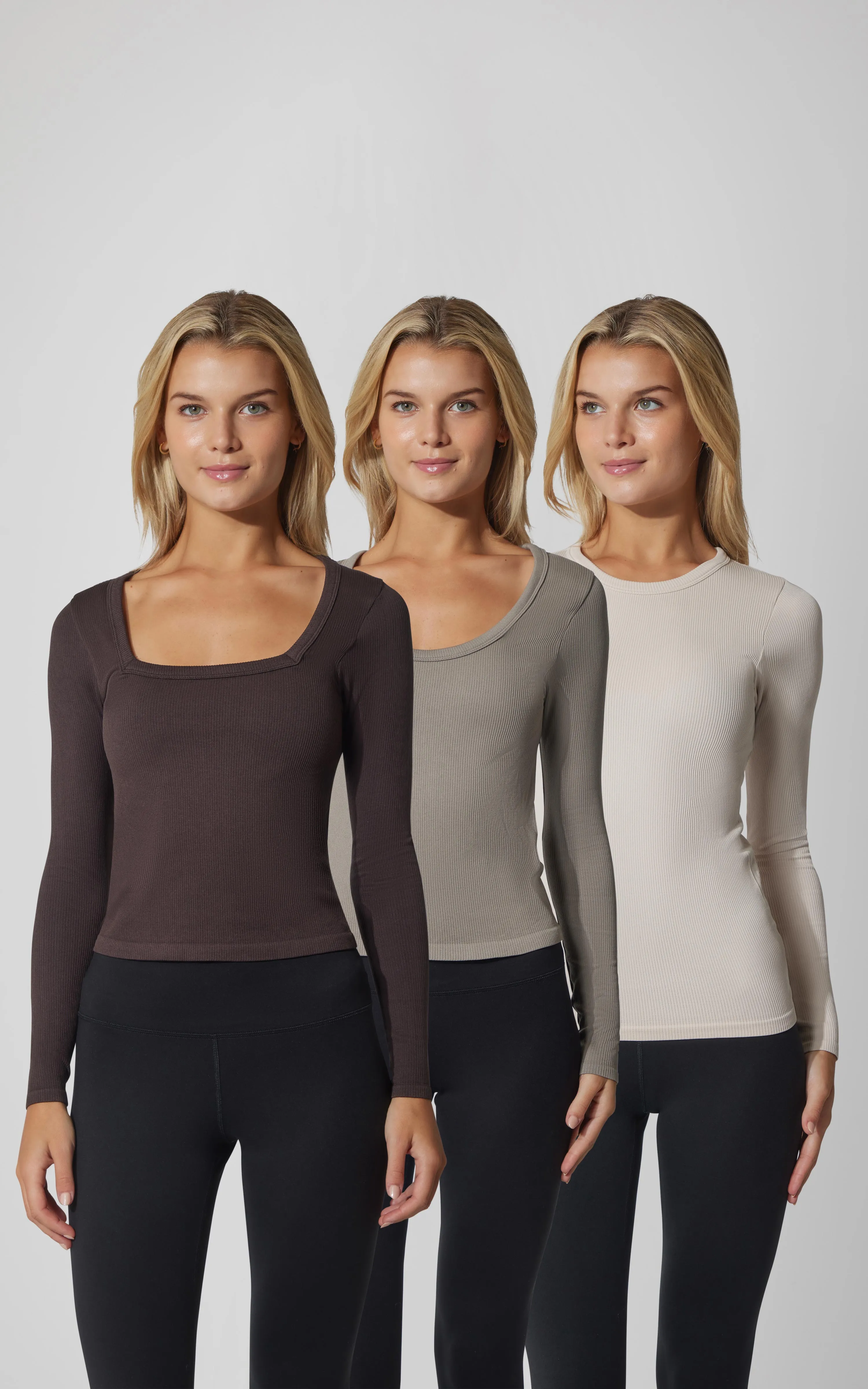3 PK Ribbed Seamless Crew Neck, Scoop Neck and Square Neck Long Sleeve Top - Our Stone Story sold by 90 Degree By Reflex product image thumbnail 3