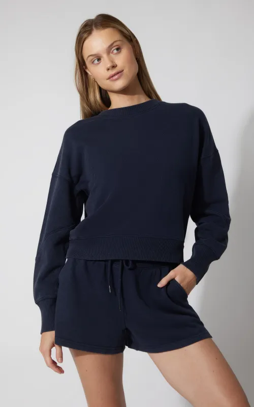 3 PC Washed Loop Terry Crew Neck Long Sleeve + High Waist Short + Sock Set - Our Ocean Core Story sold by 90 Degree By Reflex