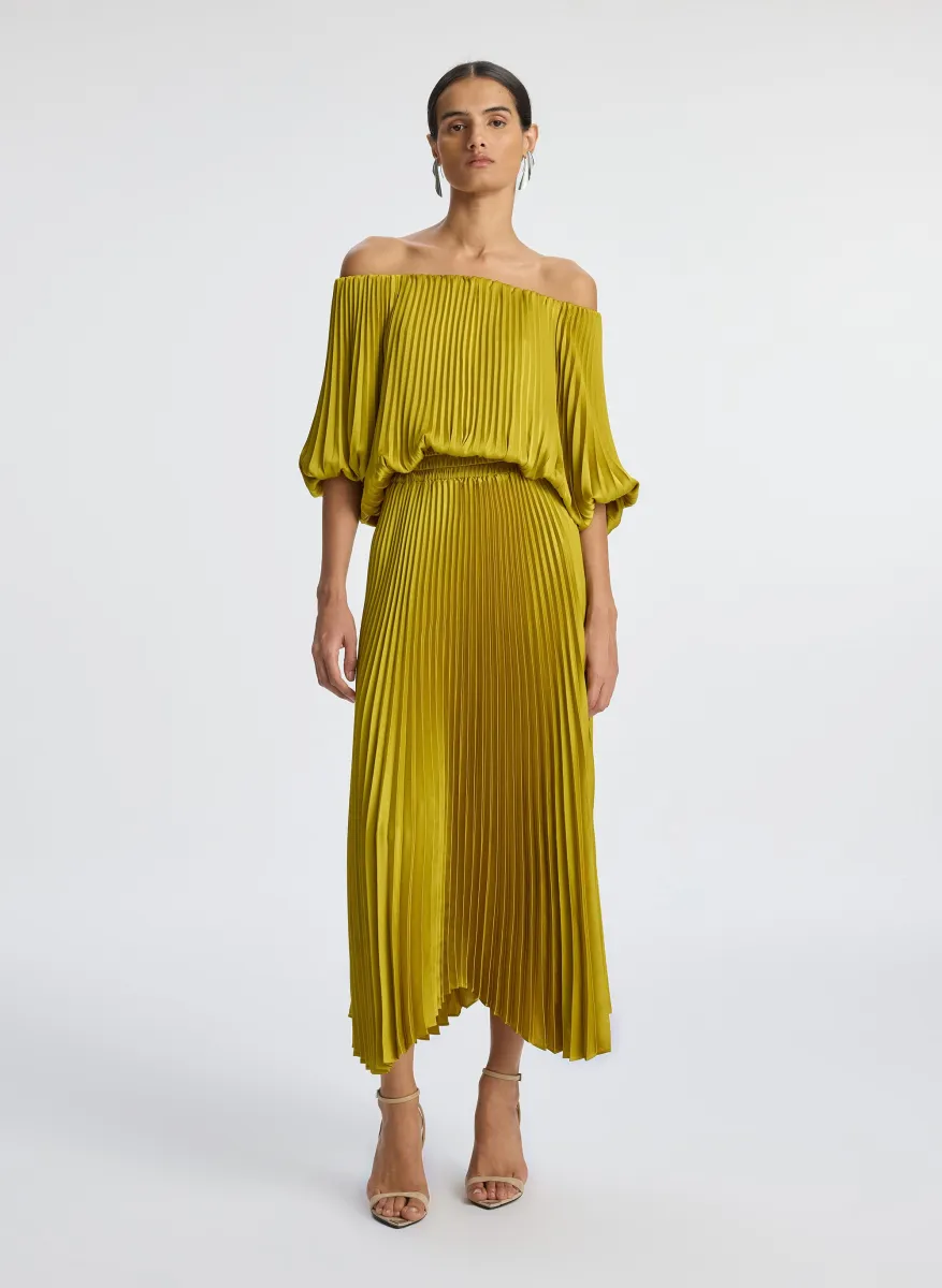Sienna Satin Pleated Off Shoulder Dress | Parallel
