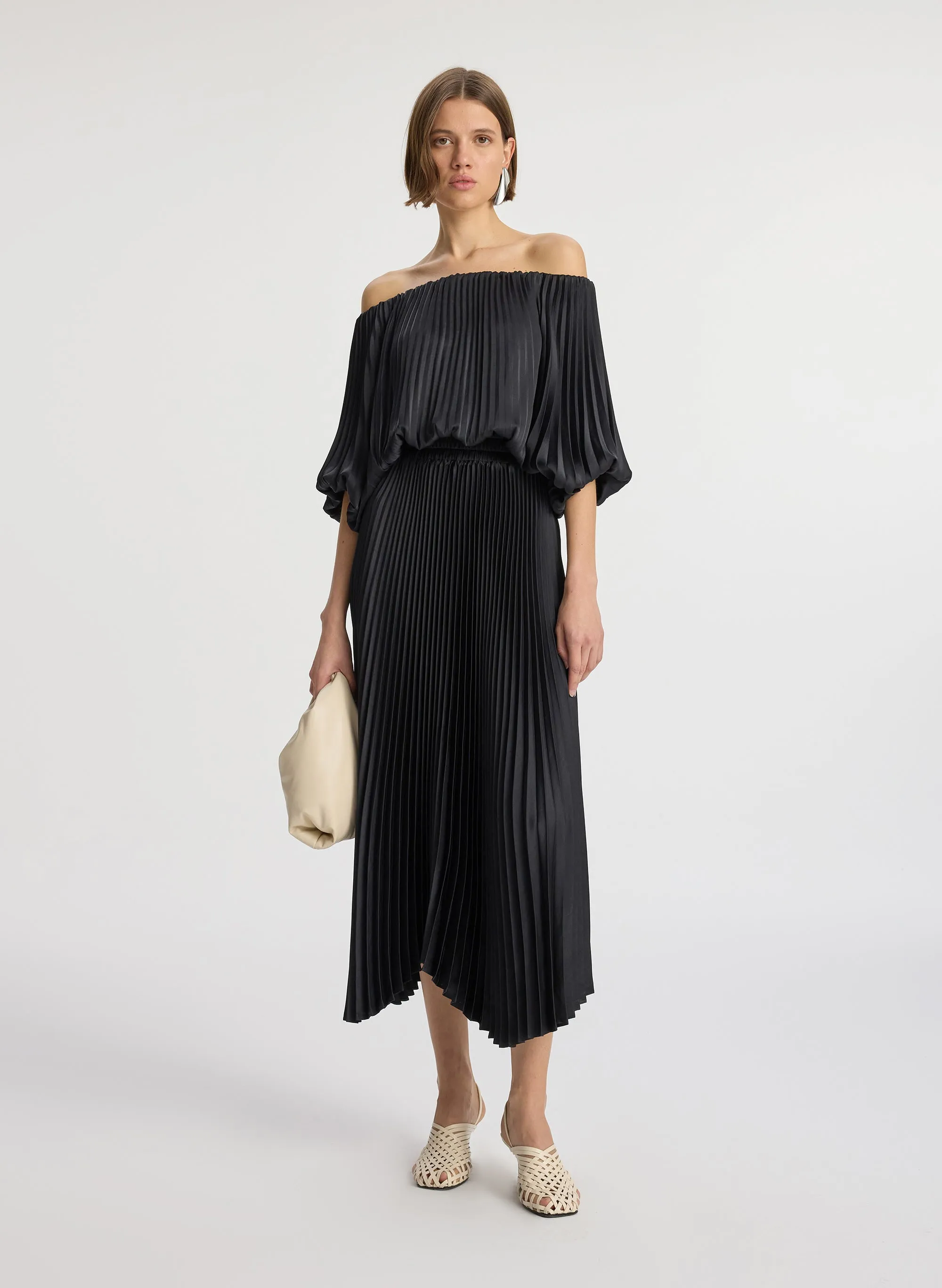 Sienna Satin Pleated Off Shoulder Dress sold by A.L.C.