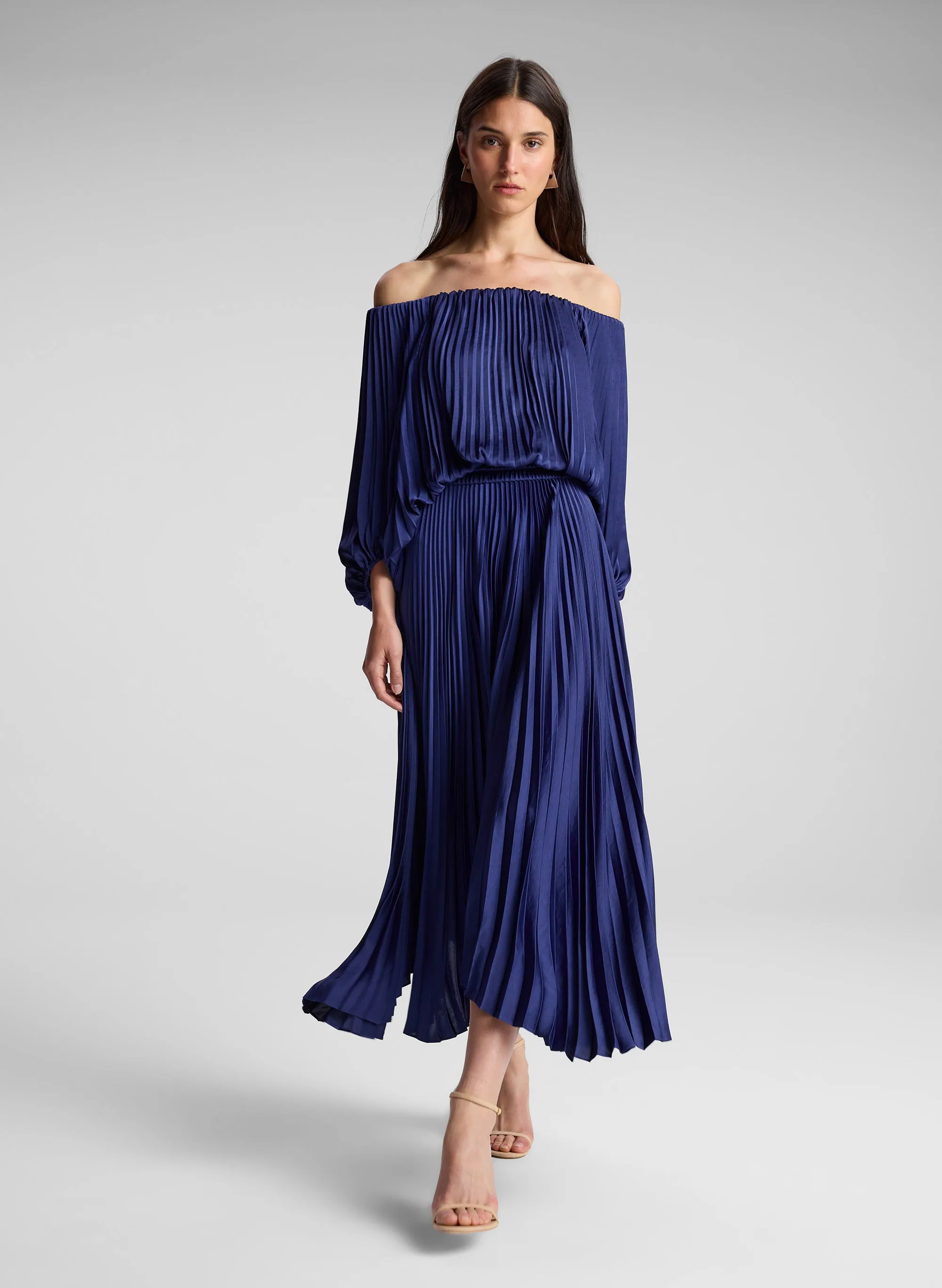 Sienna Satin Pleated Off Shoulder Dress sold by A.L.C.