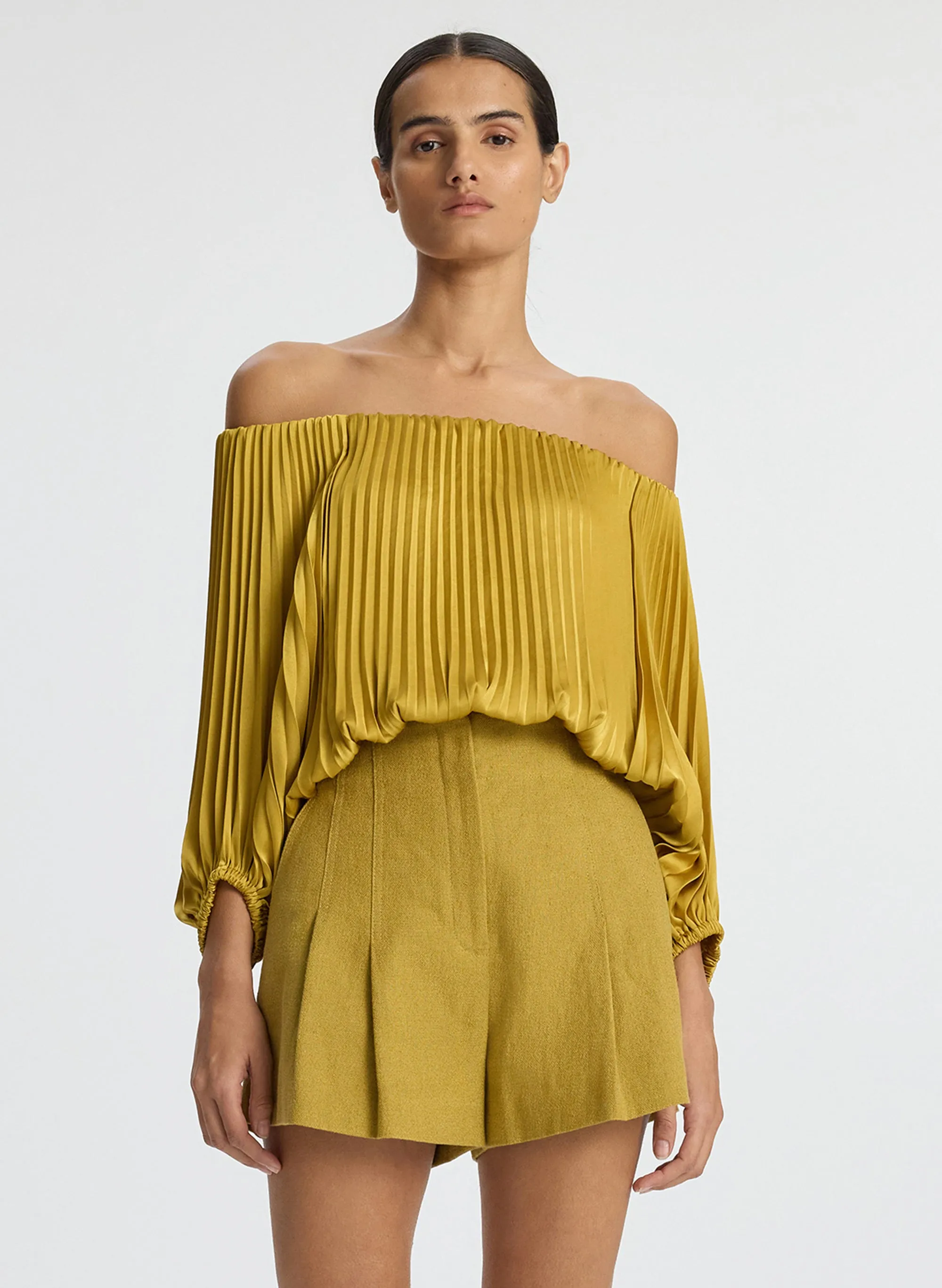 Sienna Satin Pleated Off Shoulder Top sold by A.L.C.
