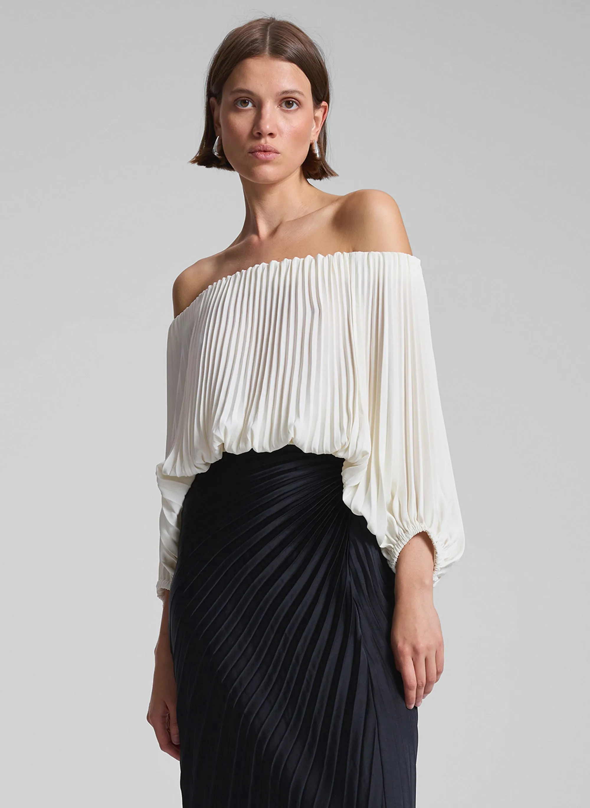 Sienna Satin Pleated Off Shoulder Top sold by A.L.C.