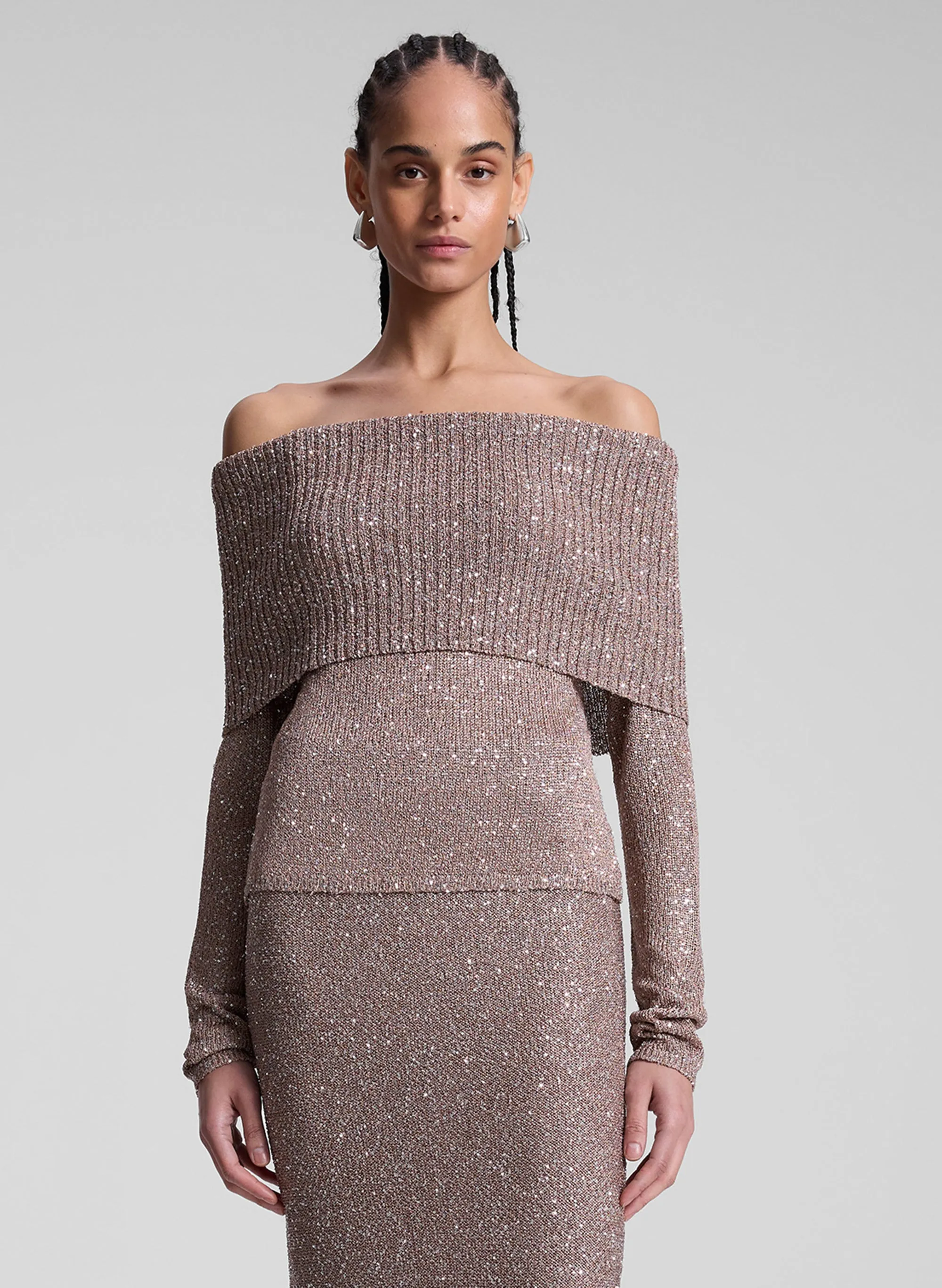 Evelyn Metallic Knit Off Shoulder Top sold by A.L.C.