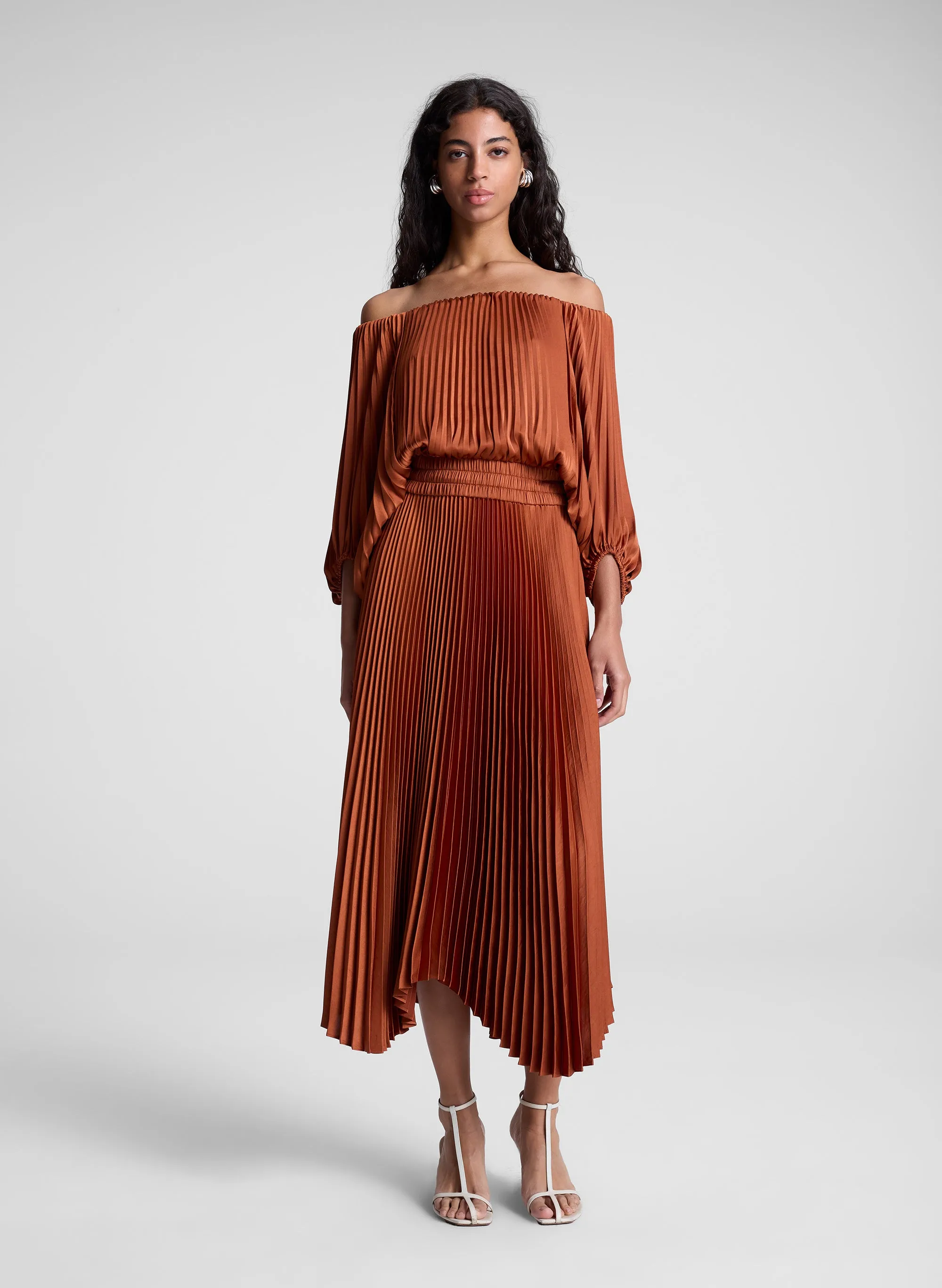 Sienna Satin Pleated Off Shoulder Midi Dress sold by A.L.C.