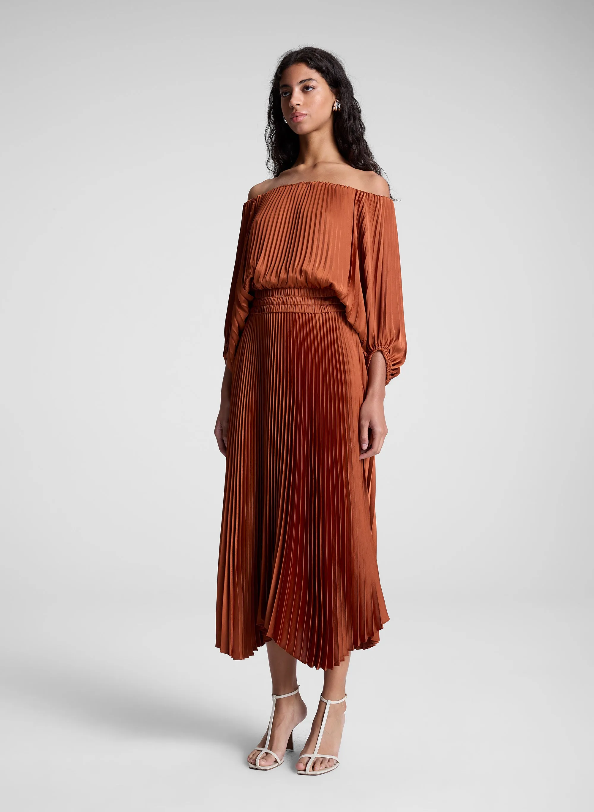 Sienna Satin Pleated Off Shoulder Midi Dress sold by A.L.C. product image thumbnail 4