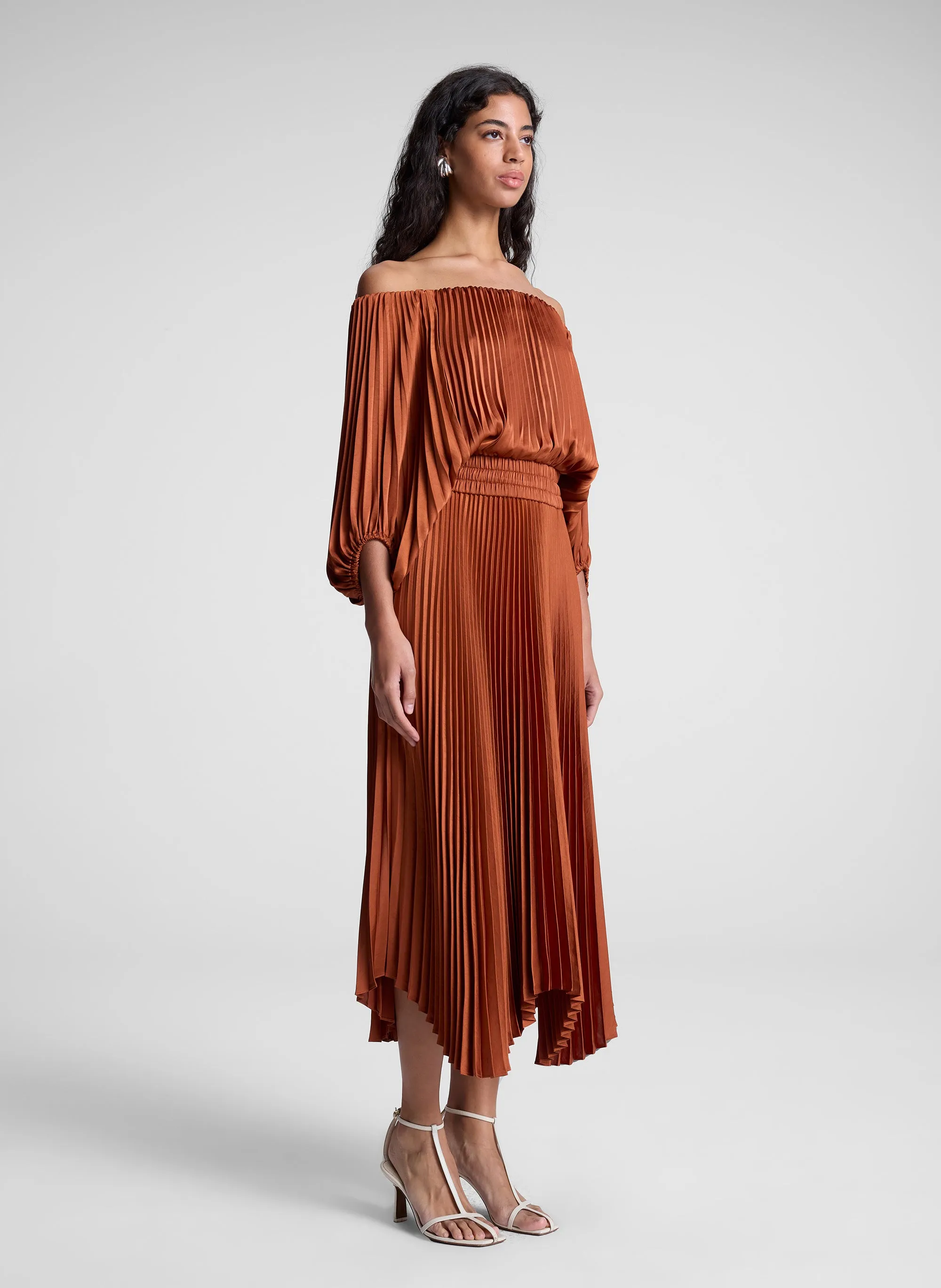 Sienna Satin Pleated Off Shoulder Midi Dress sold by A.L.C. product image thumbnail 3