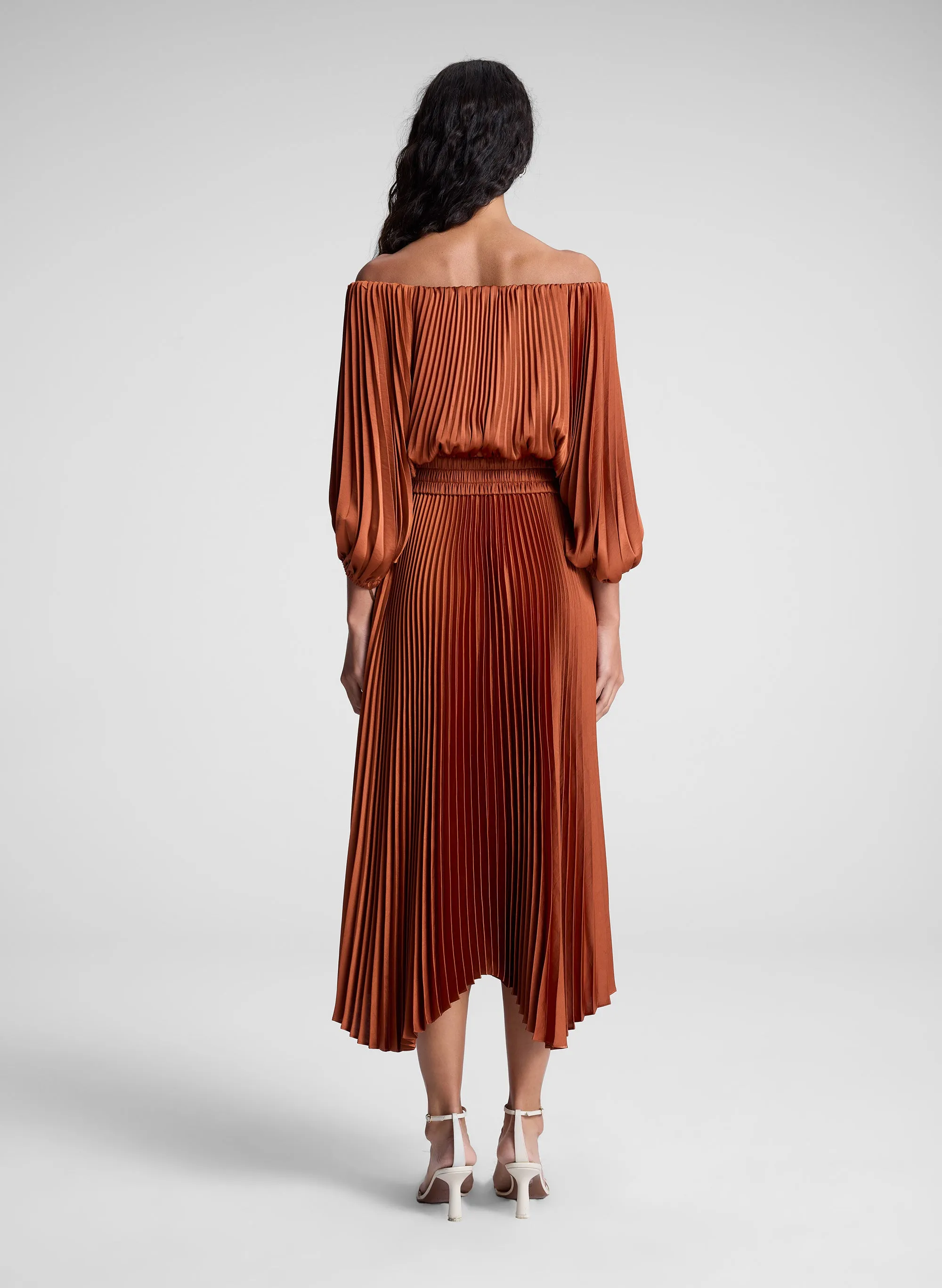 Sienna Satin Pleated Off Shoulder Midi Dress sold by A.L.C. product image thumbnail 5