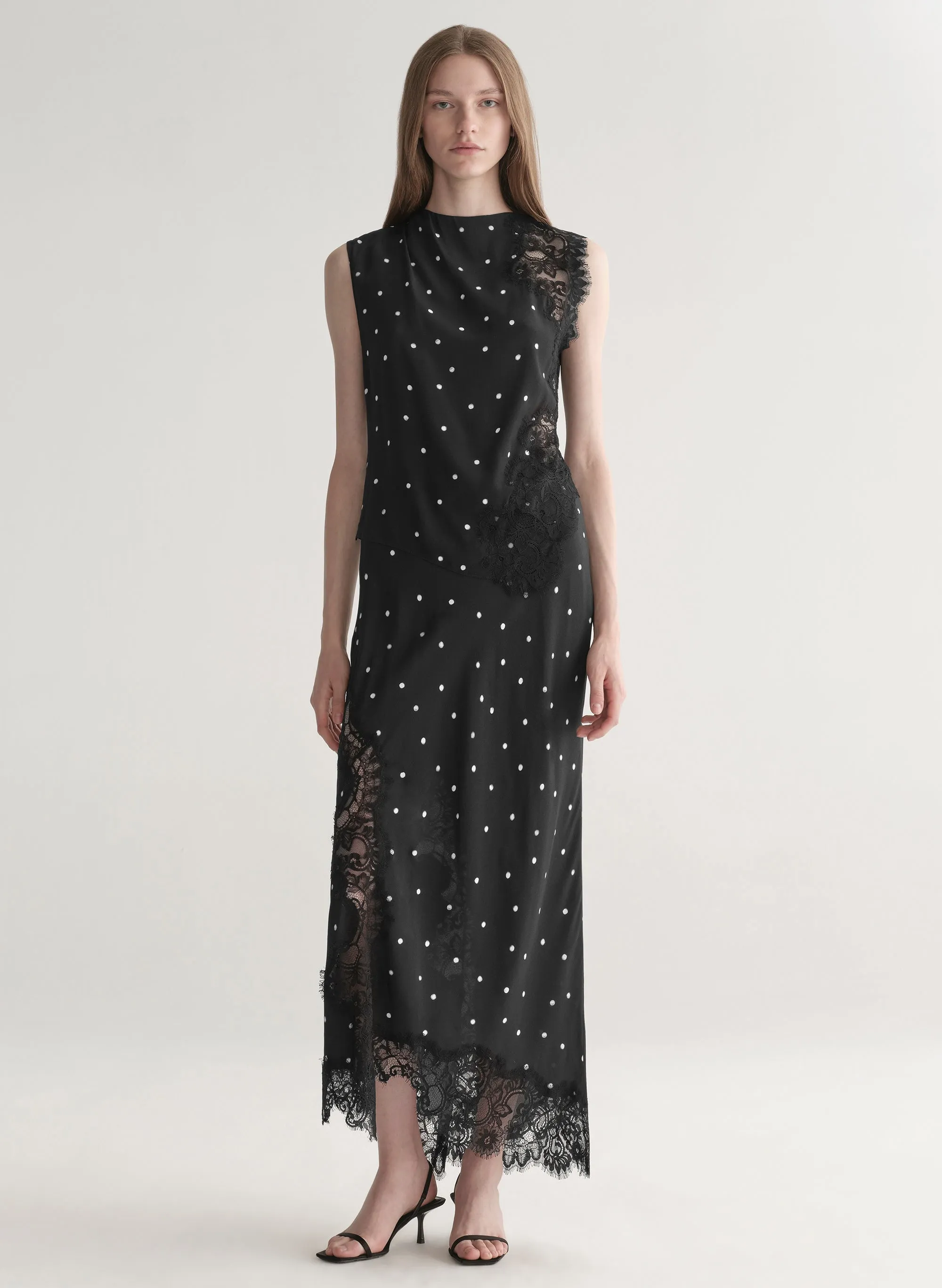 Olivia Polka Dot Crepe and Lace Midi Skirt sold by A.L.C.