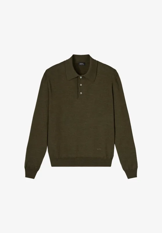 Riou Wool Polo - Long-sleeved dark green wool polo shirt made by A.P.C.