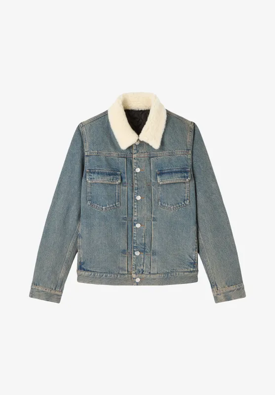 Justin Jacket - Faded indigo denim jacket with faux shearling collar made by A.P.C.