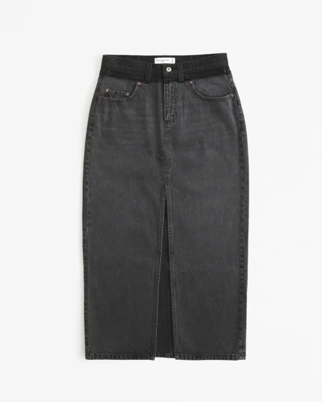 Stacked Waistband Denim Maxi Skirt sold by Abercrombie & Fitch