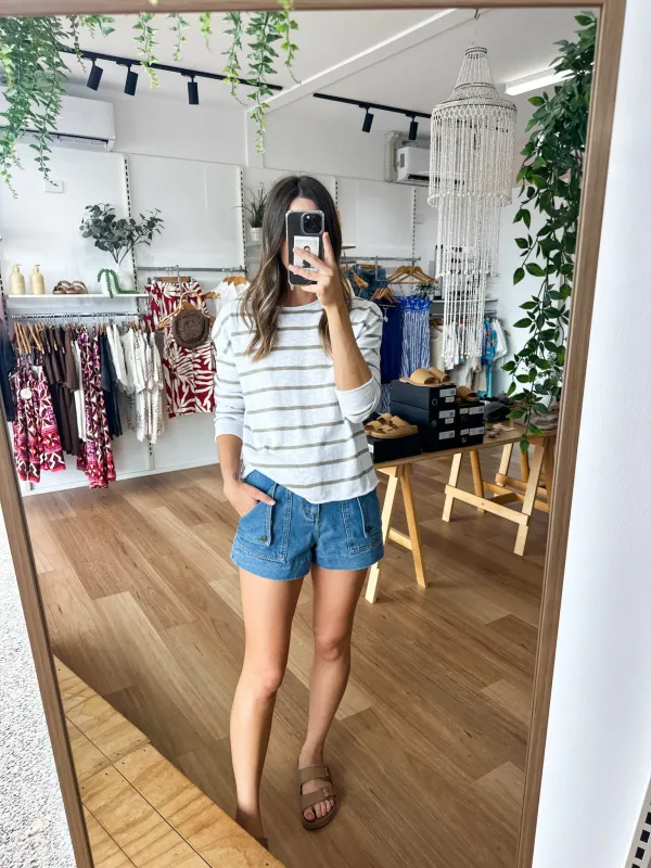 Minnie Top White Khaki Stripe sold by About A Girl