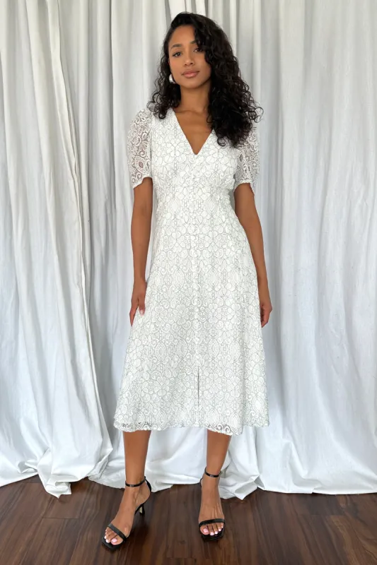 Lacey Puff Sleeve Lace Midi Dress sold by Adelyn Rae