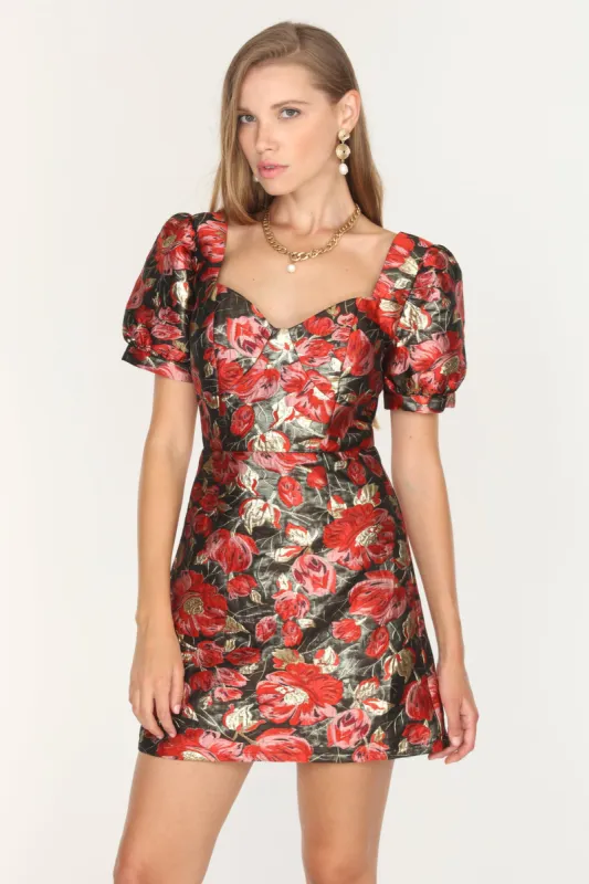 Claris Puff Sleeve Jacquard Mini Dress sold by Adelyn Rae
