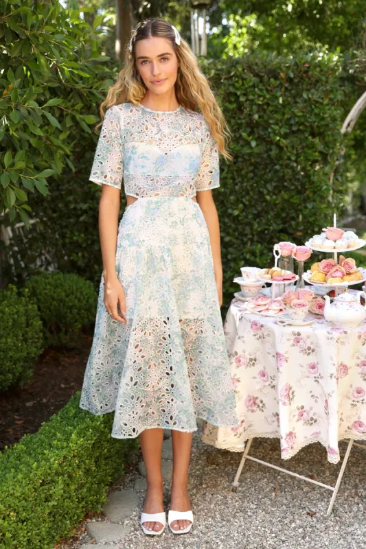 Annalise Eyelet Embroidered Cut Out Midi Dress sold by Adelyn Rae