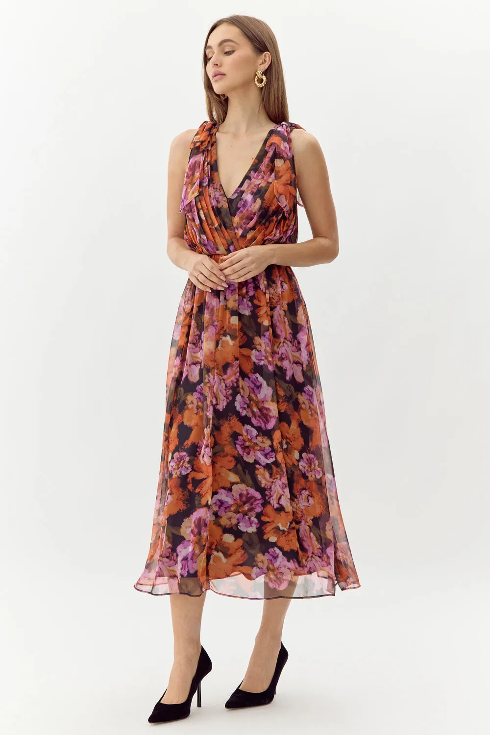 Vianka Tie Shoulder Chiffon Midi Dress sold by Adelyn Rae