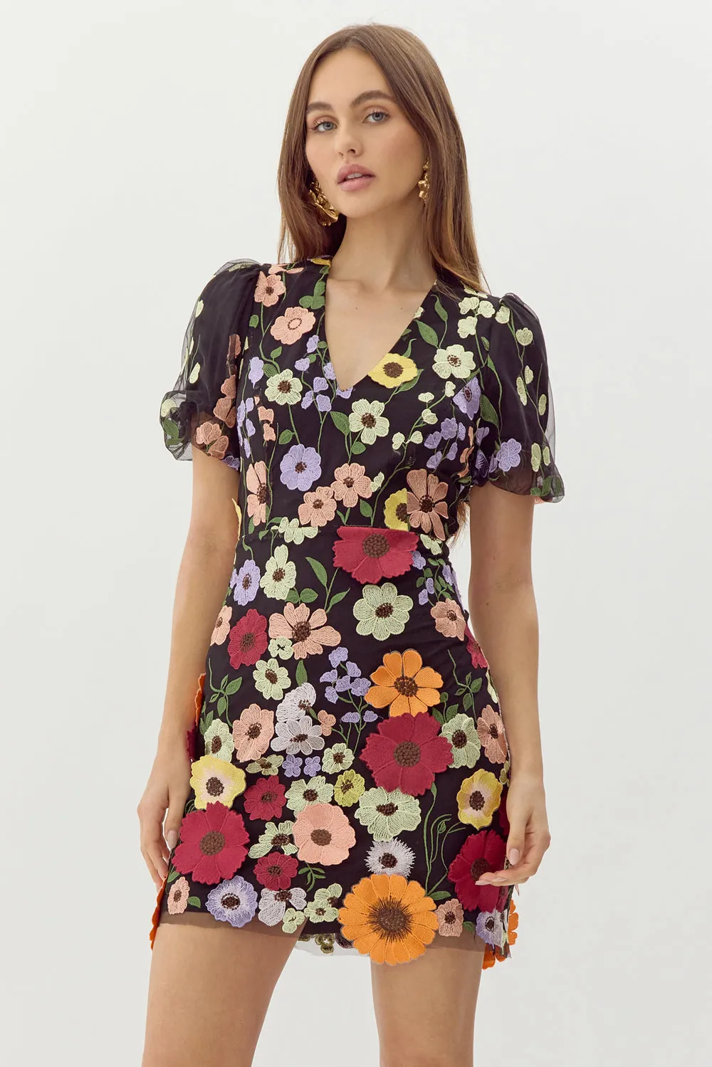 Nicole 3D Floral Puff Sleeve Mini Dress sold by Adelyn Rae