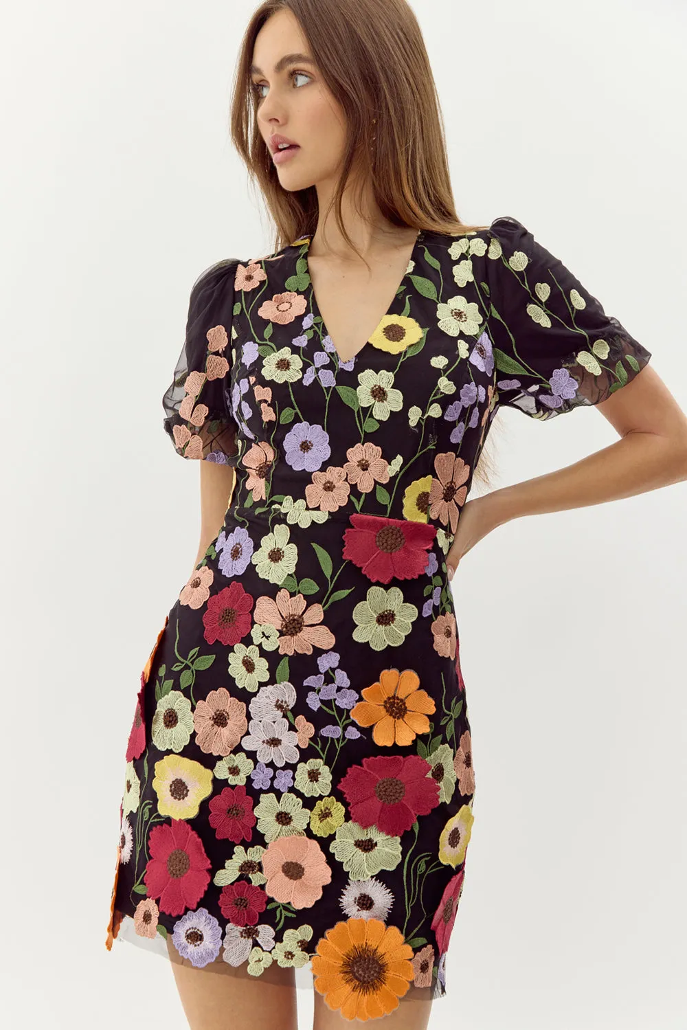Nicole 3D Floral Puff Sleeve Mini Dress sold by Adelyn Rae product image thumbnail 3
