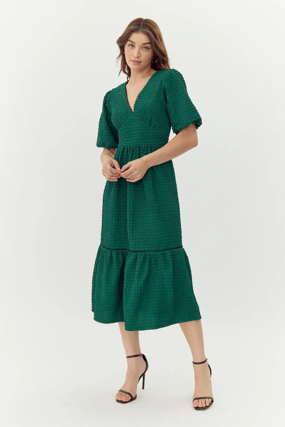 Kara Textured Midi Dress With Puff Sleeve sold by Adelyn Rae