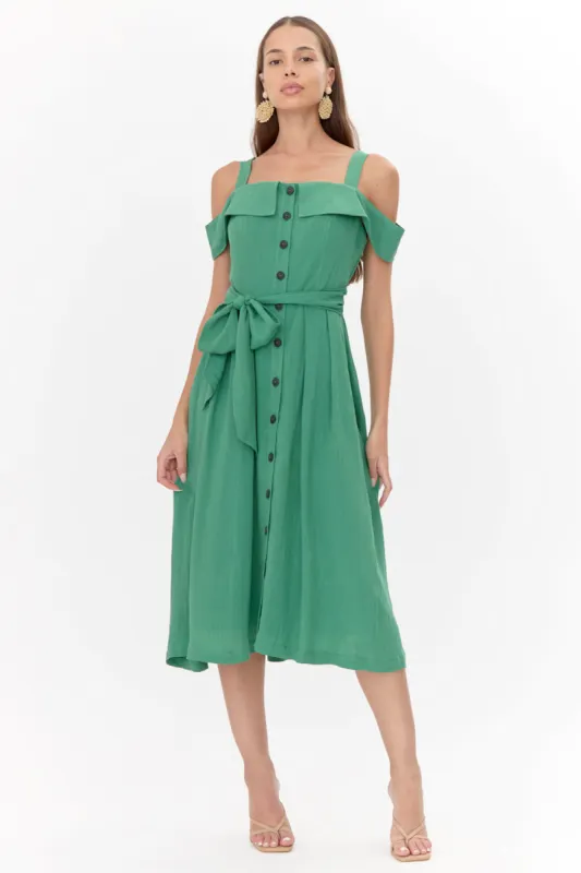 Astrid Off Shoulder Button Front Midi Dress sold by Adelyn Rae