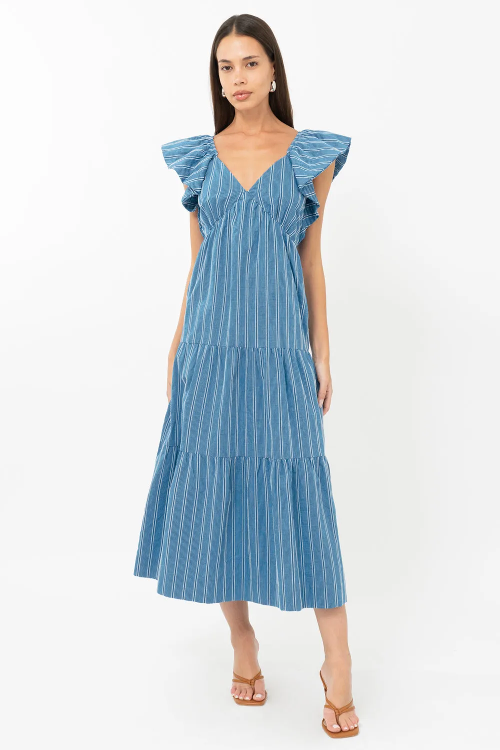 Shannon Striped Flutter Sleeve Tie Back Midi Dress sold by Adelyn Rae
