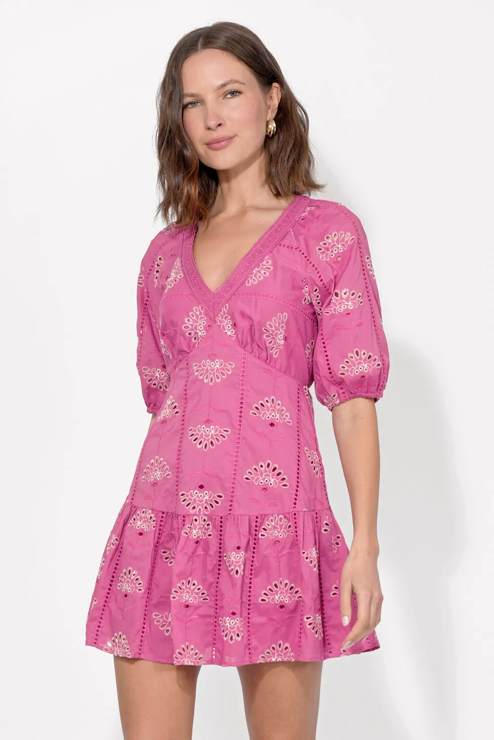 Sofya Embroidered Eyelet Tiered Mini Dress sold by Adelyn Rae