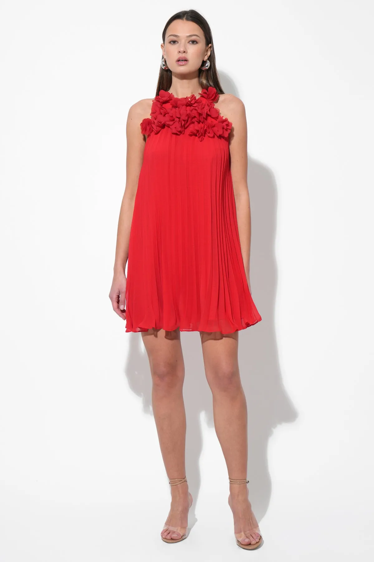 Corey Halter Pleated Dress with 3D Floral Applique sold by Adelyn Rae