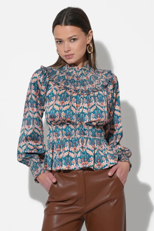 Melodie Smocked Waist Mock Neck Blouse sold by Adelyn Rae