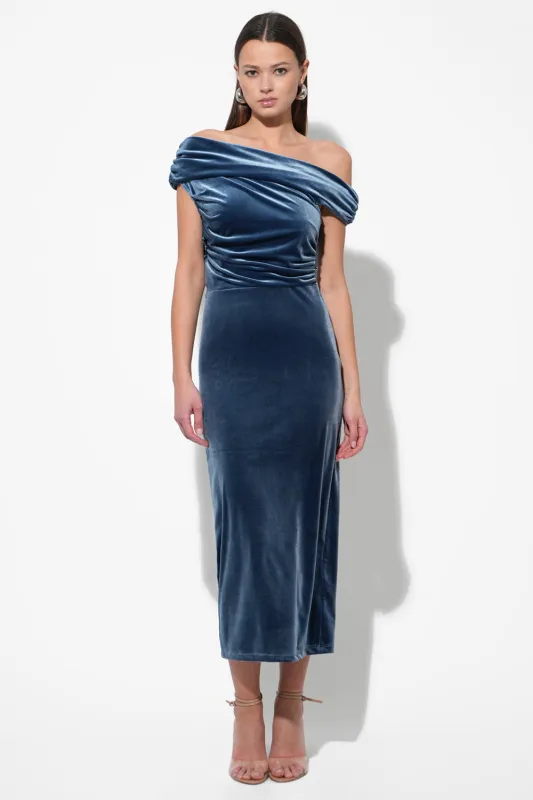 Casette Off Shoulder Velvet Midi Dress sold by Adelyn Rae