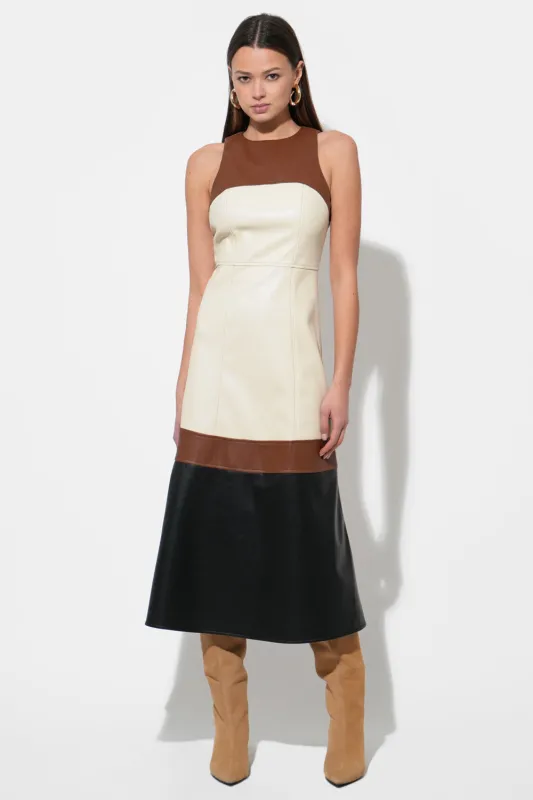 Caspia Vegan Leather Color Block Midi Dress sold by Adelyn Rae