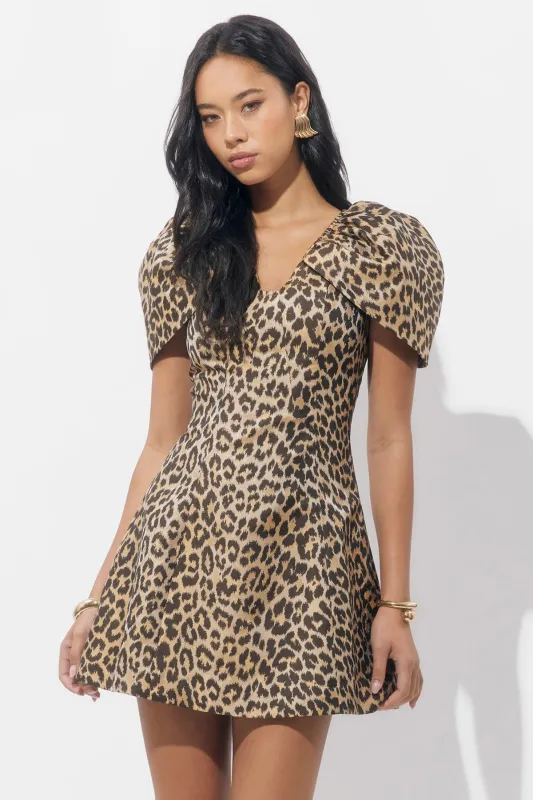 Zariah Leopard Gathered Sleeve Mini Dress sold by Adelyn Rae