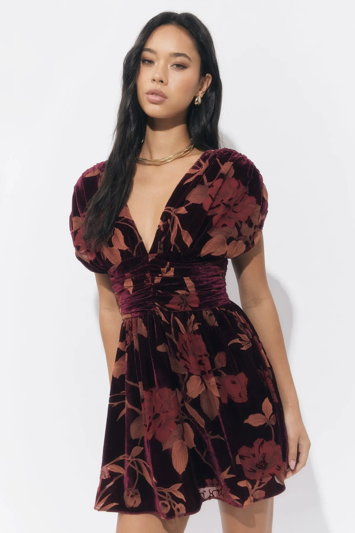Myla Ruched Velvet Burnout Mini Dress sold by Adelyn Rae