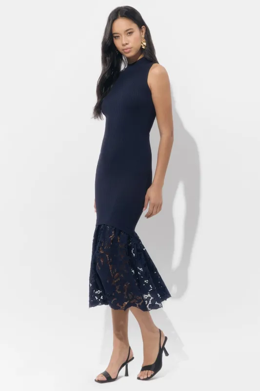 Brielle Mock Neck Rib Knit Lace Midi Dress sold by Adelyn Rae