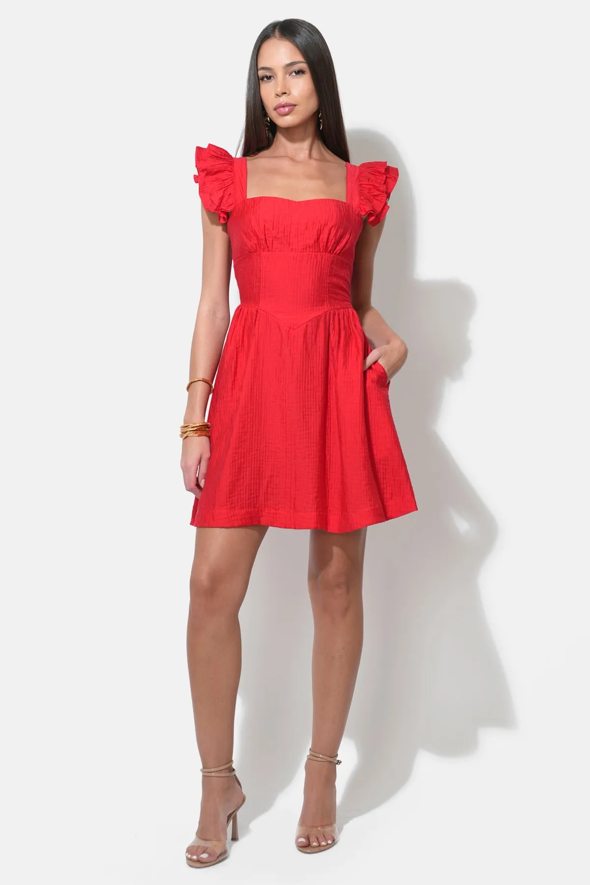 Charlene Flutter Sleeve Red Mini Dress sold by Adelyn Rae
