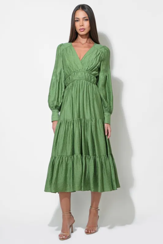 Zinnia Surplice Neck Tiered Midi Dress sold by Adelyn Rae