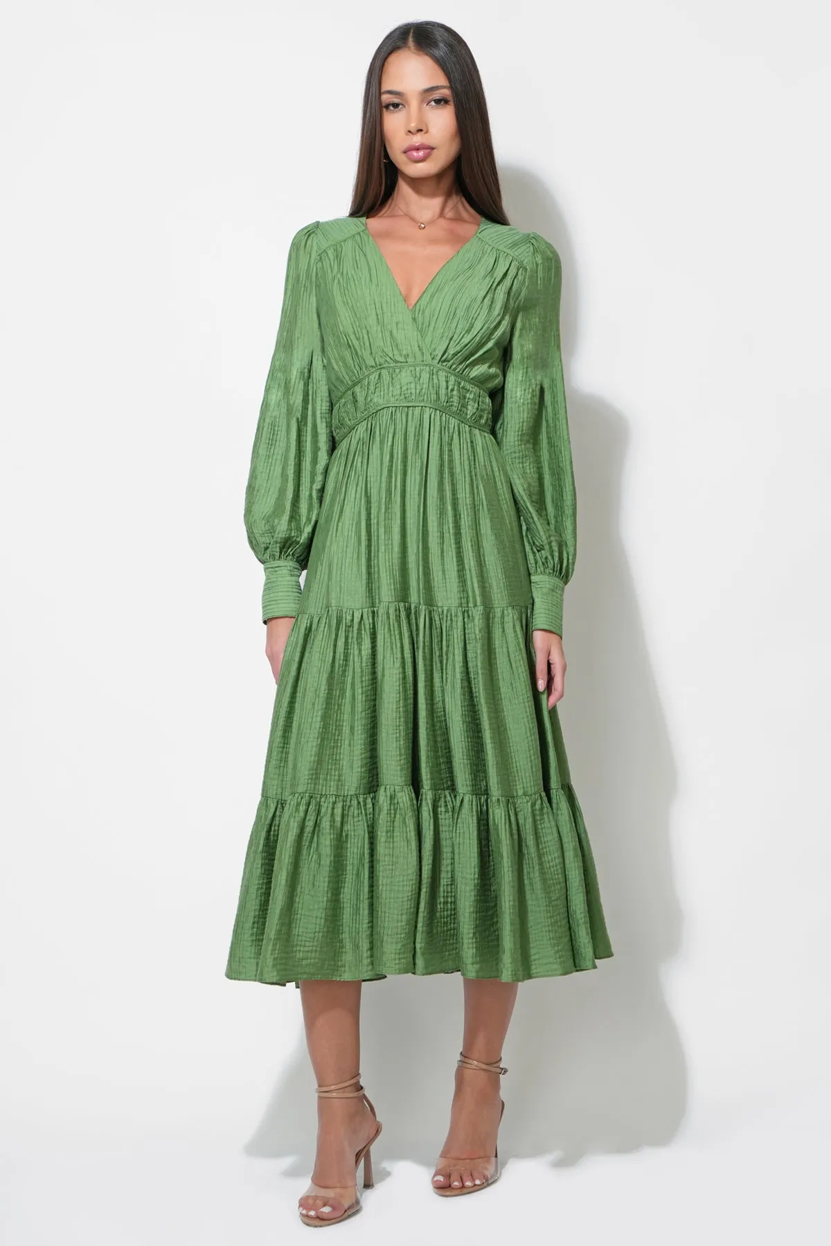 Zinnia Surplice Neck Tiered Midi Dress sold by Adelyn Rae