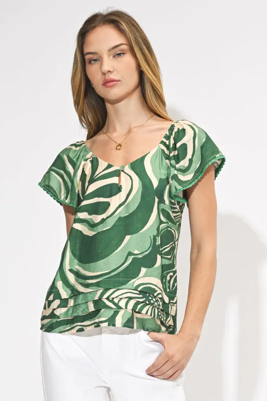 Nyra Leaf Print Flutter Sleeve Top sold by Adelyn Rae