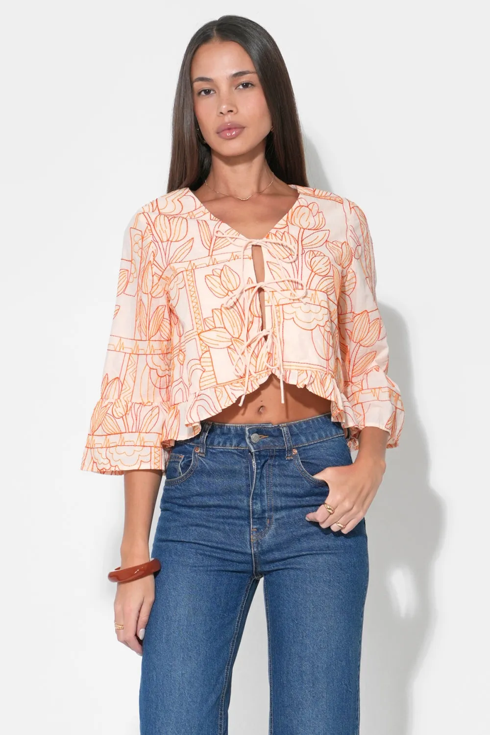 Rosalie Tie Front Ruffle Sleeve Embroiled Top sold by Adelyn Rae product image thumbnail 4
