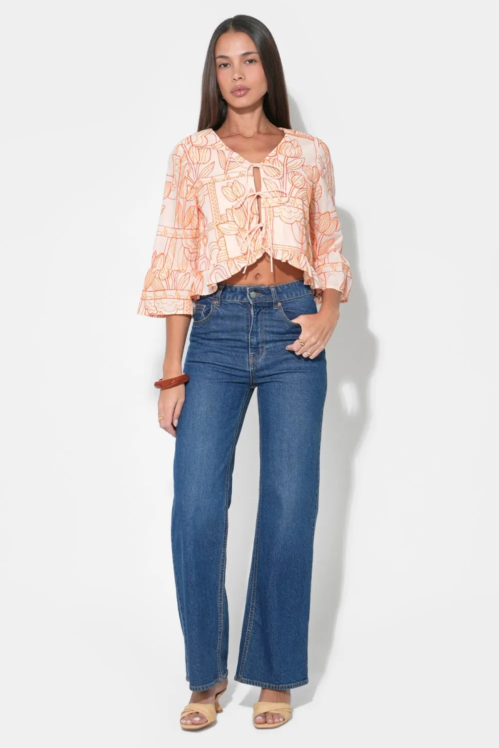 Rosalie Tie Front Ruffle Sleeve Embroiled Top sold by Adelyn Rae product image thumbnail 5