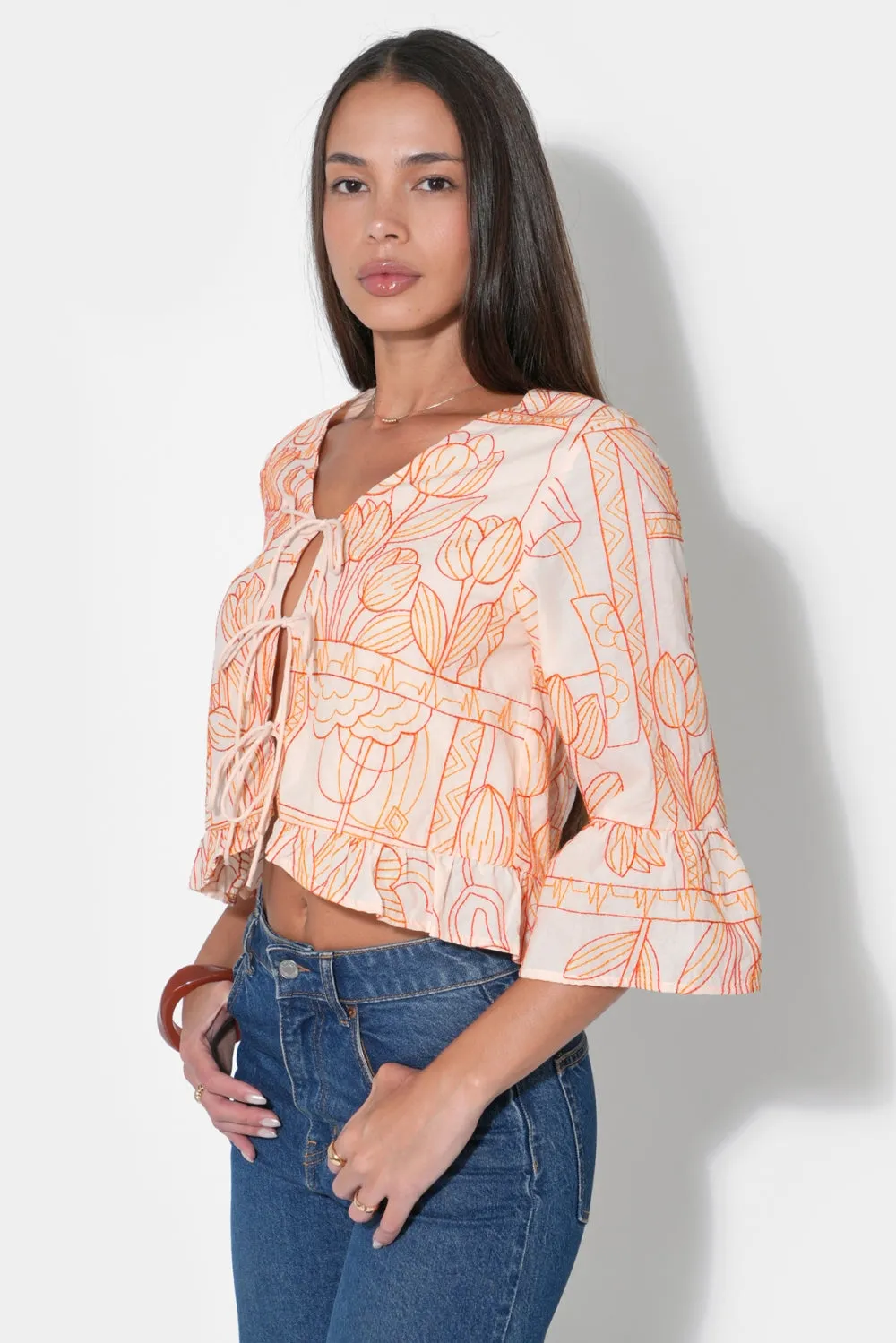 Rosalie Tie Front Ruffle Sleeve Embroiled Top sold by Adelyn Rae product image thumbnail 2