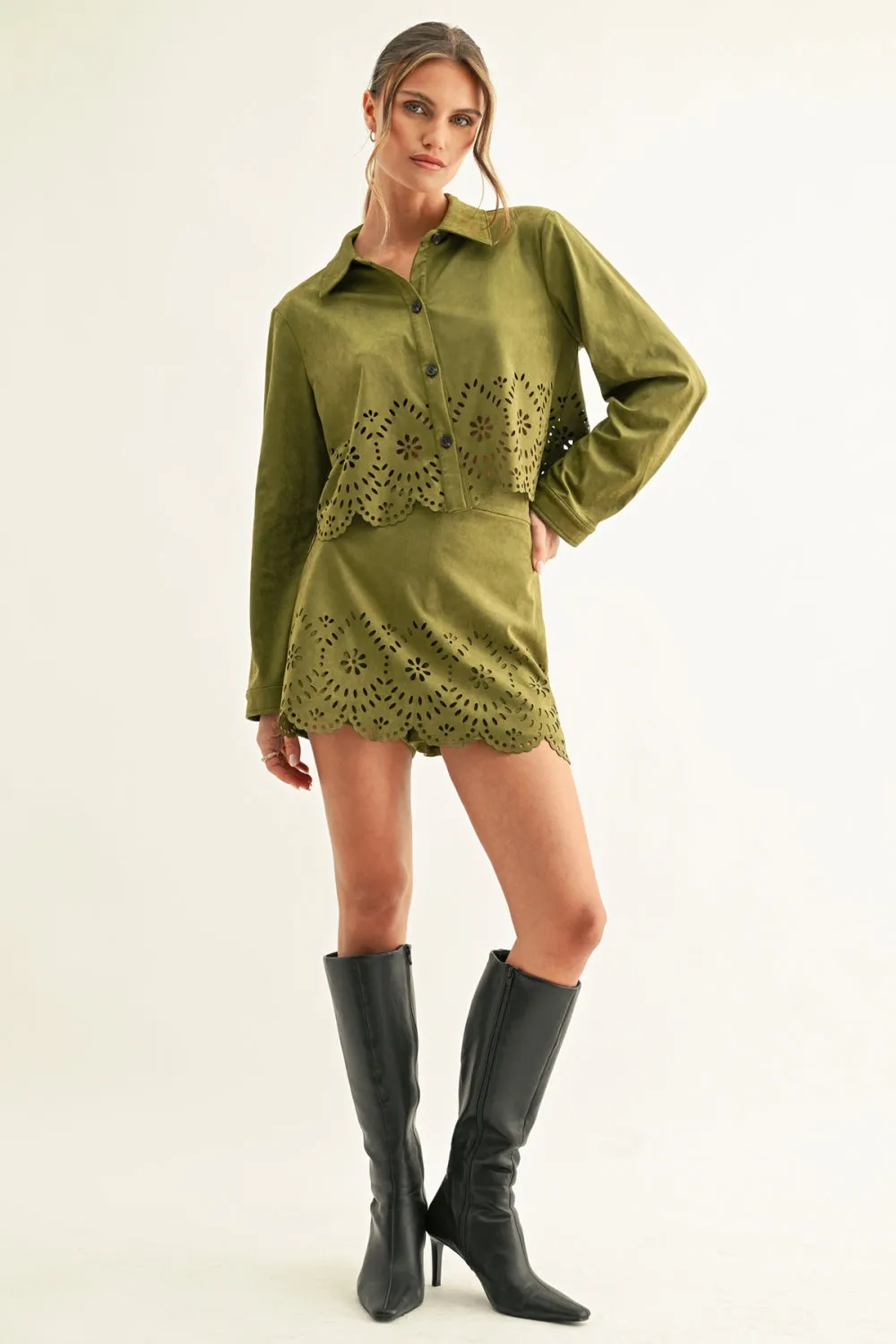 Lucia Eyelet Faux Suede Cropped Shirt sold by Adelyn Rae product image thumbnail 4