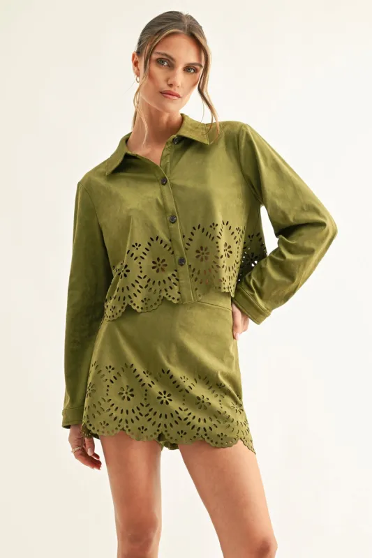 Lucia Eyelet Faux Suede Cropped Shirt made by Adelyn Rae