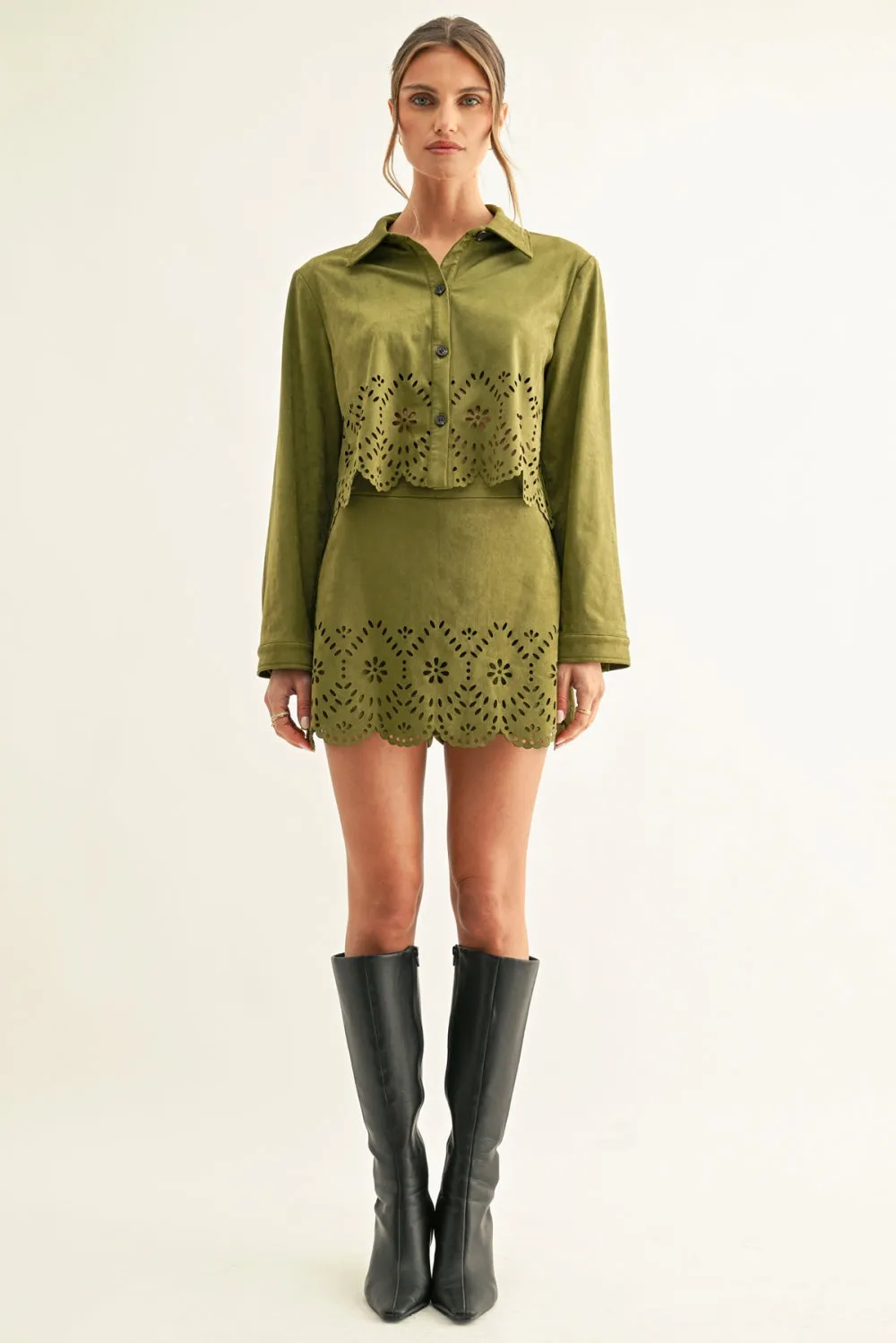 Lucia Eyelet Faux Suede Cropped Shirt sold by Adelyn Rae product image thumbnail 5